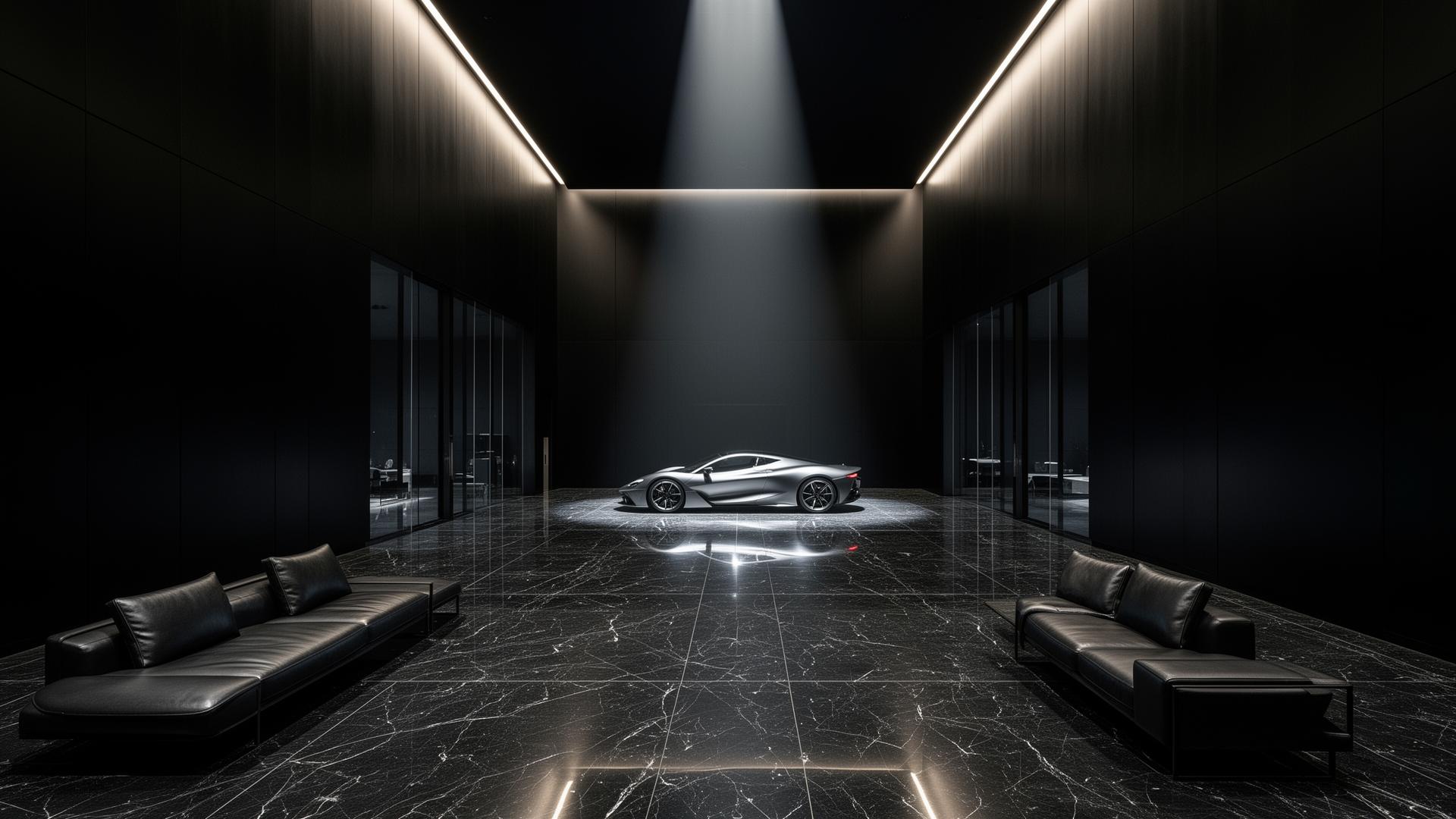 ONYX Motors Dubai showroom interior with marble floors and ambient lighting